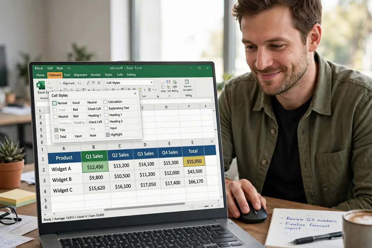 a person applying a Cell Style in real Excel with the styles gallery legible, headers formatting uniformly across the sheet, the person's face satisfied, office desk.