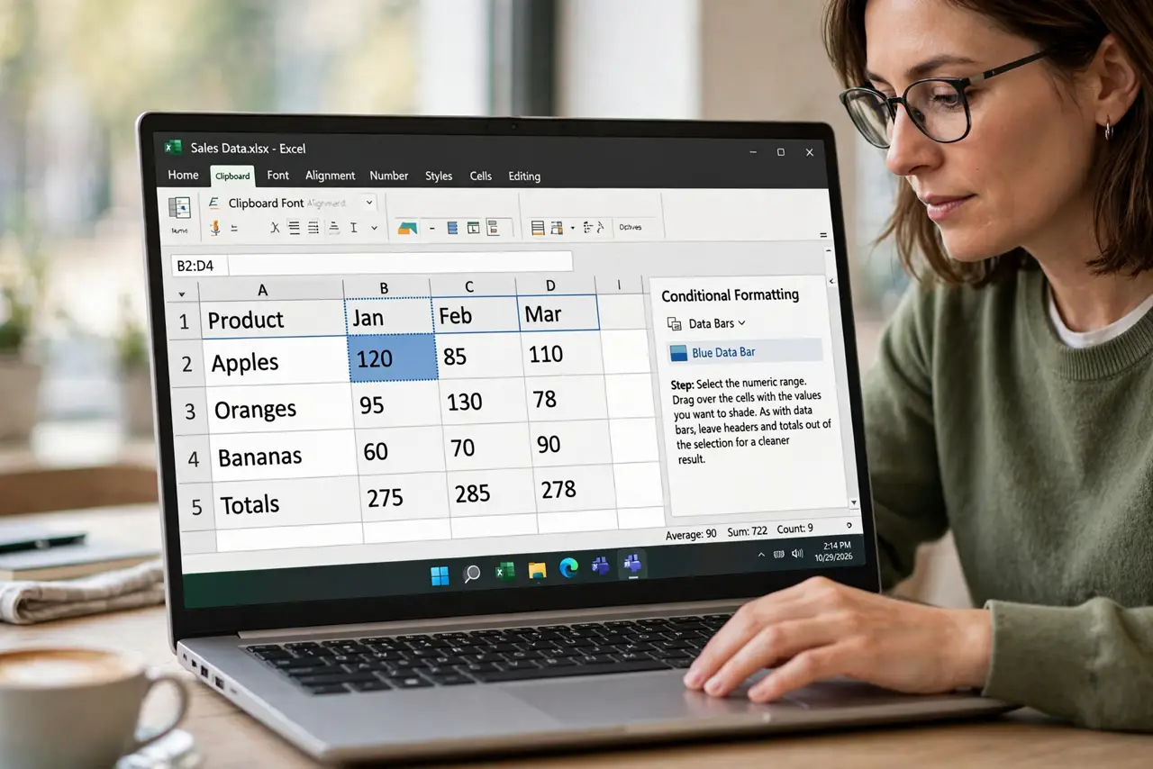 Photoreal photo of a person performing the first step: Select the numeric range. Drag over the cells with the values you want to shade. As with data bars , leave headers and totals out of the selection for...