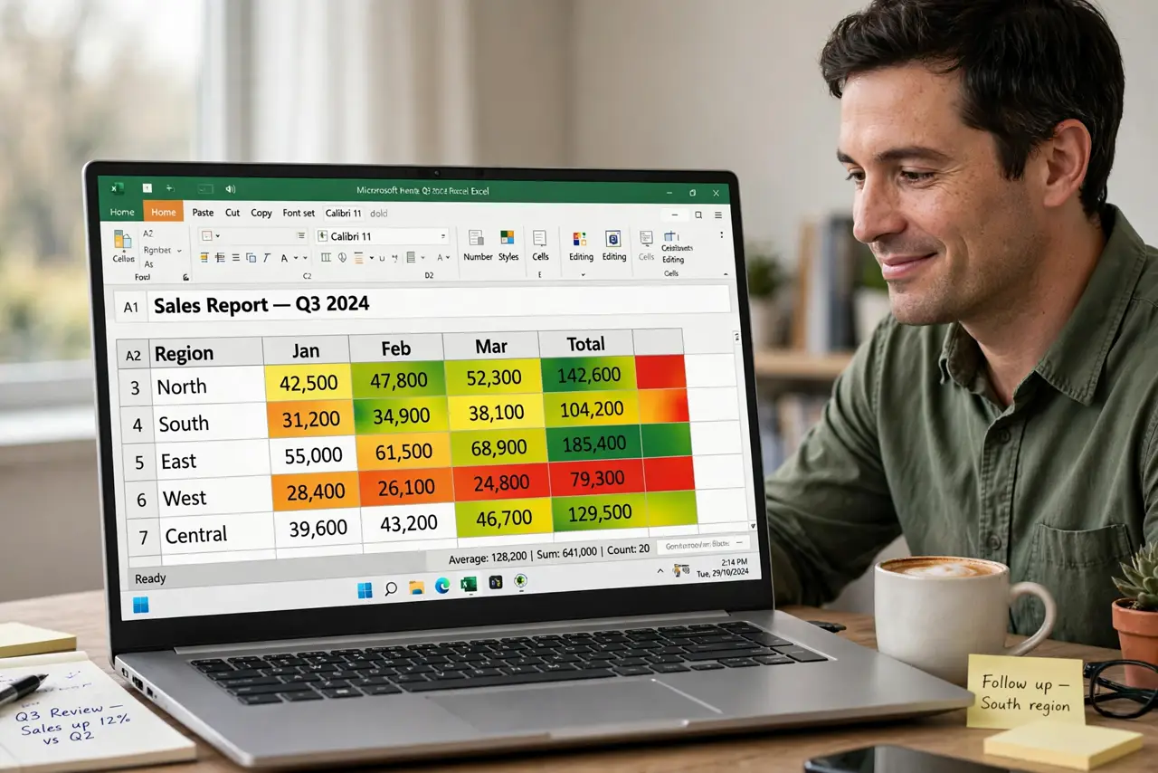 Photoreal photo: a calm person at a desk viewing a real laptop with a legible Excel spreadsheet showing a green-yellow-red color scale heatmap over sales numbers, the person's face pleased. No black screen, no blank whit