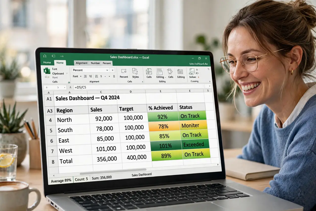a person viewing a real Excel sheet with conditional formatting color scales applied, legible colored cells, the person's face pleased, bright office. No black screen, no blank whi.