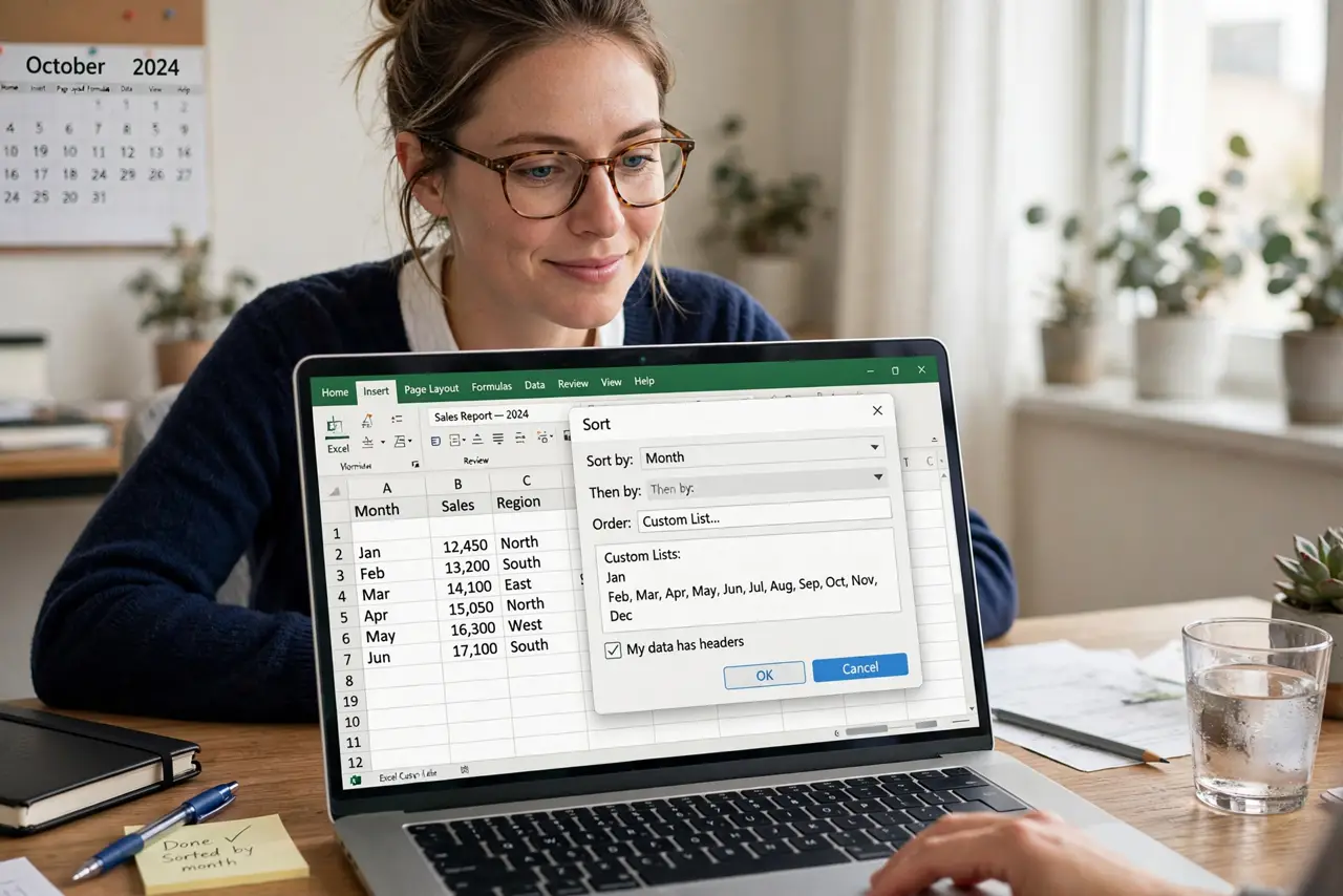 a person sorting an Excel sheet by month names with a custom sort dialog legible on screen showing chronological order, the person's face relieved, office desk.