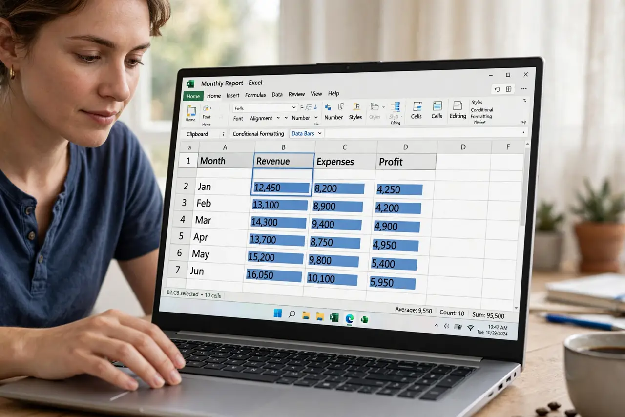 Photoreal photo of a person performing the first step: Select the numbers you want to visualize. Click and drag over the cells containing the values — data bars work on any numeric range. Keep headers out ...