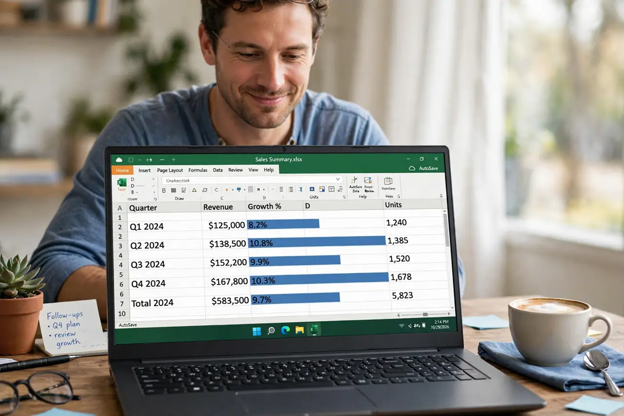 Photoreal photo: a calm person at a desk viewing a real laptop showing a legible Excel spreadsheet with colored data bars in a column, a coffee cup nearby, the person's face satisfied. No black screen, no blank white scr