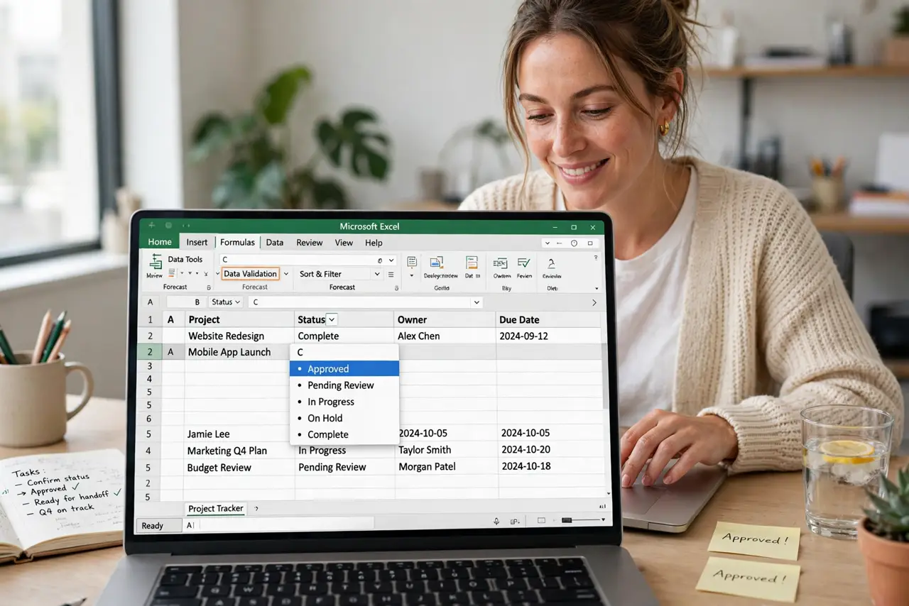 a person selecting from a real Excel dropdown created by data validation, the dropdown list legible, the person's face relieved, bright office. No black screen, no blank white scre.