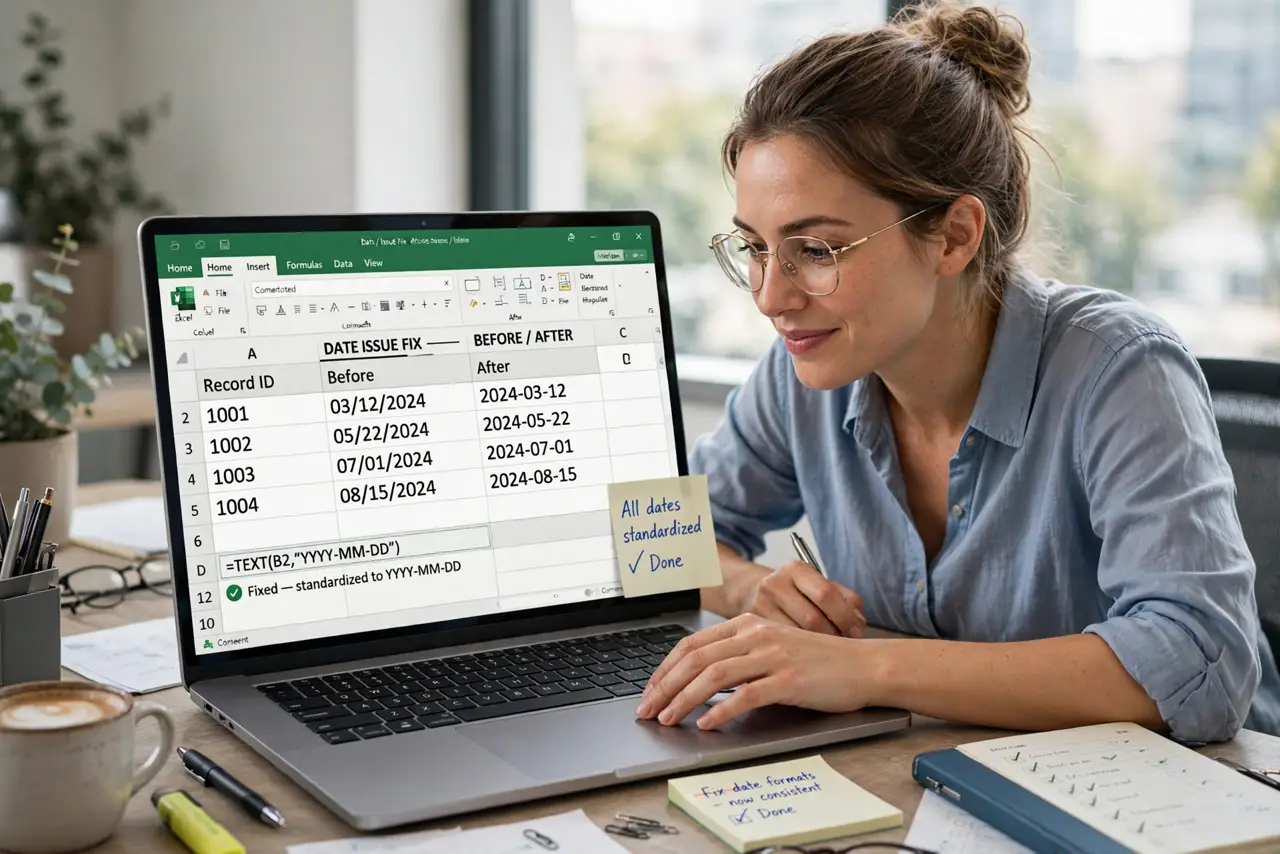 a person fixing real Excel date cells showing legible before-and-after date formats, the person's face relieved, office desk.