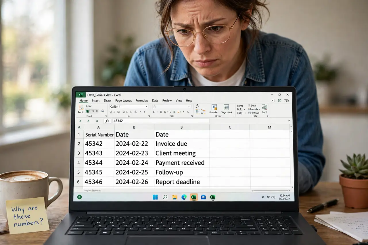 Excel Turns Dates Into Numbers — a puzzled adult looking at dates shown as serial numbers in Excel on a real laptop, the cells showing numbers