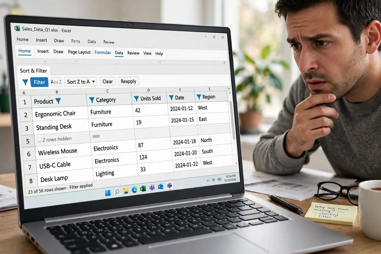 Excel Filter Hid Rows You Need — a confused adult looking at hidden rows after filtering in Excel on a real laptop, the funnel icon visible and