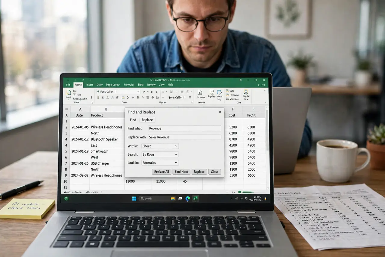 A person looking at a laptop showing the Excel Find and Replace dialog with legible text, a large spreadsheet behind it, face focused, office desk.