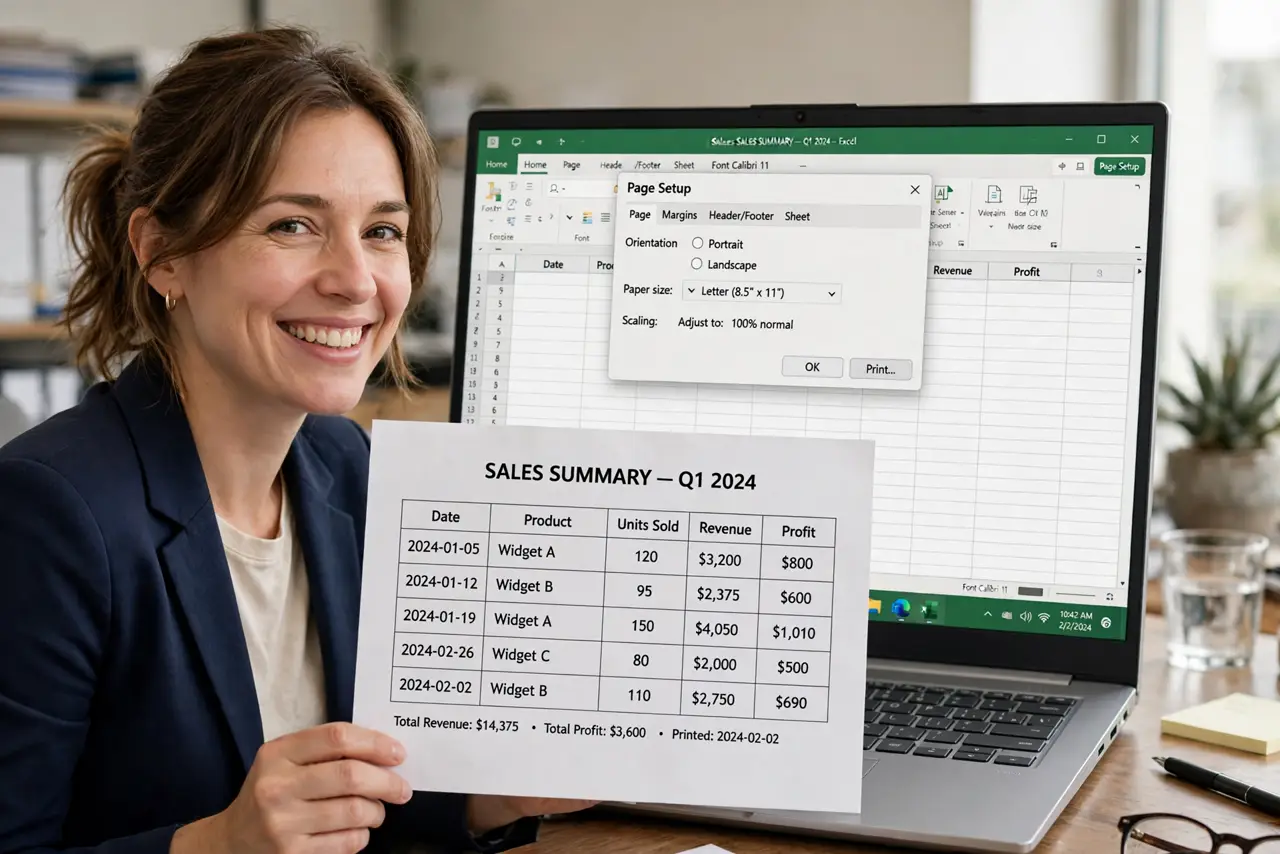 A person holding a single printed Excel page with a complete tidy table legible, the laptop showing Page Setup behind, face pleased, office.