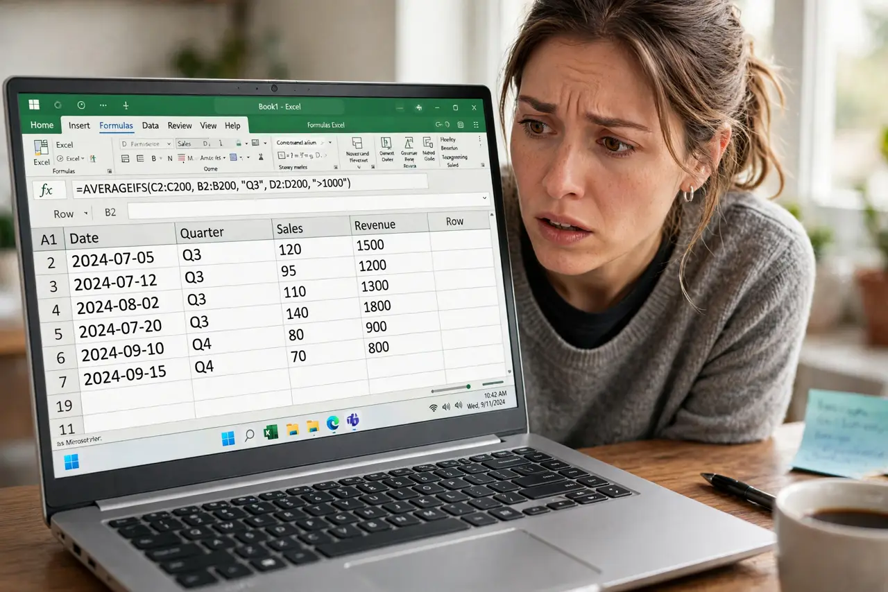 Excel Shows the Formula, Not the Result — a confused adult looking at a formula displayed as text in Excel on a real laptop, the formula bar showing the