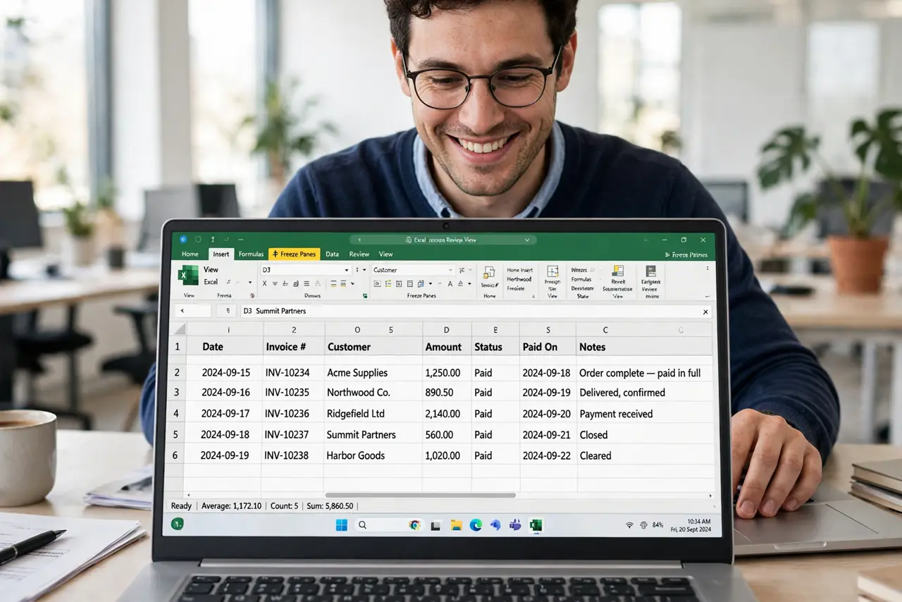 a person scrolling a real Excel spreadsheet on a laptop with the header row frozen and legible, the person's face relieved, bright office. No black screen, no blank white screen, n.