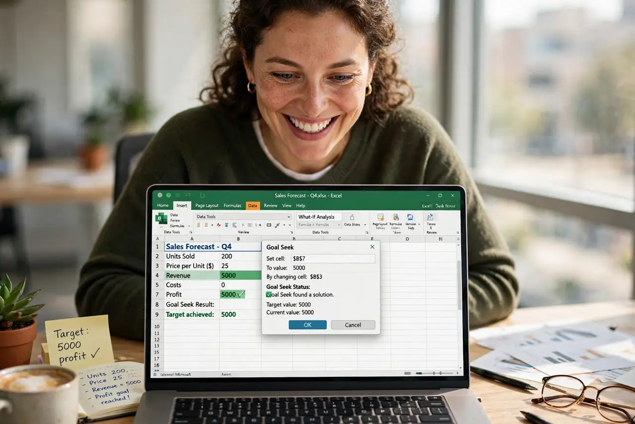 a person using Excel Goal Seek dialog with legible target value on screen, the result appearing in the spreadsheet, the person's face delighted, office desk.