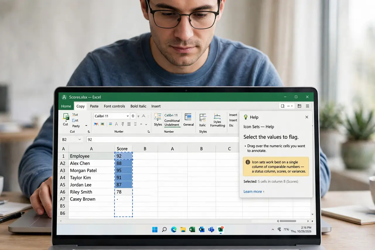 Photoreal photo of a person performing the first step: Select the values to flag. Drag over the numeric cells you want to annotate. Icon sets work best on a single column of comparable numbers — a status c...