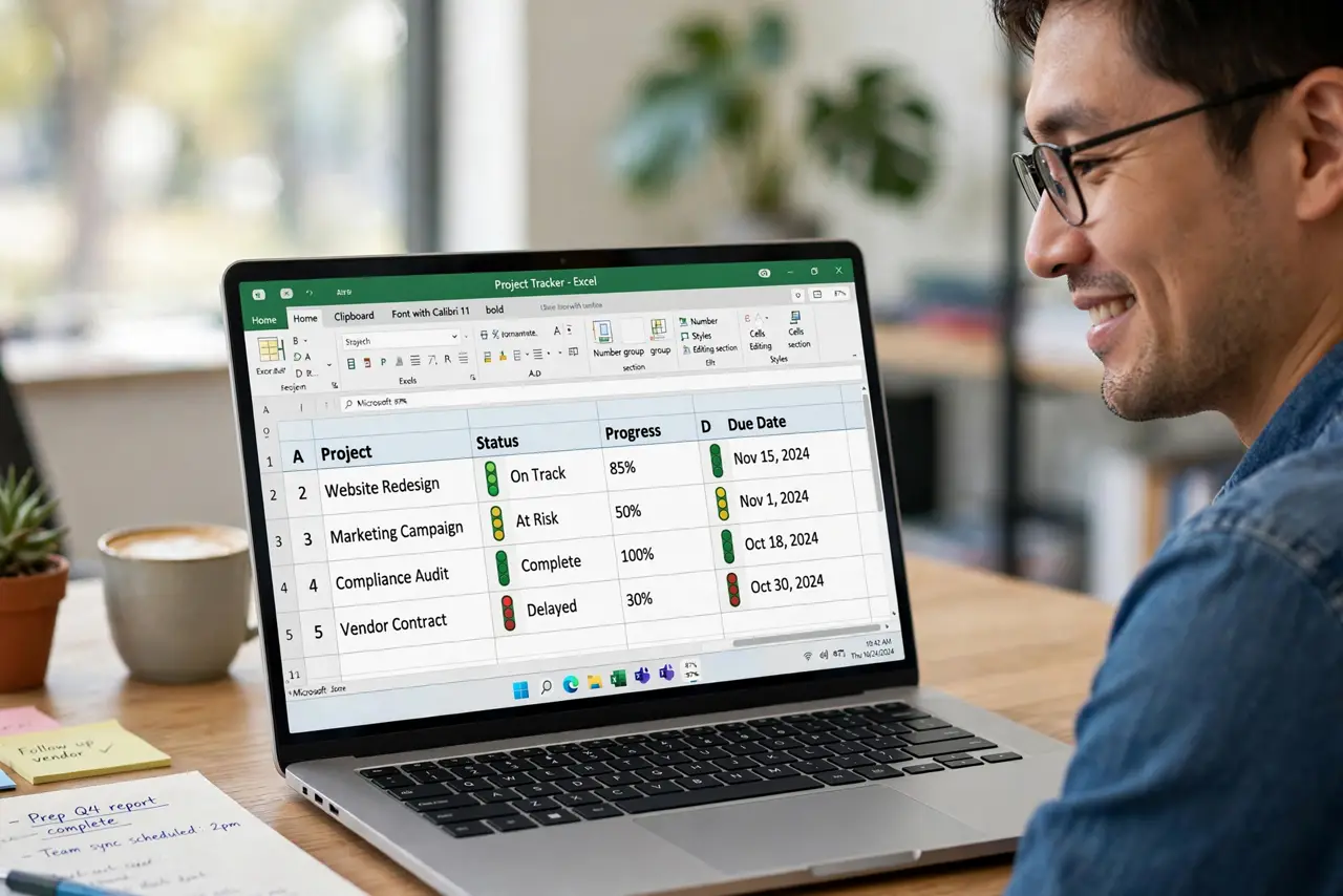 Photoreal photo: a calm person at a desk viewing a real laptop with a legible Excel spreadsheet showing traffic-light icon sets next to project status values, the person's face pleased. No black screen, no blank white sc