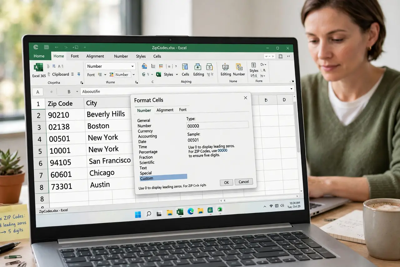 Leading Zeros Disappear in Excel — a calm adult fixing zip codes missing leading zeros in Excel on a real laptop, the format cells dialog with fu