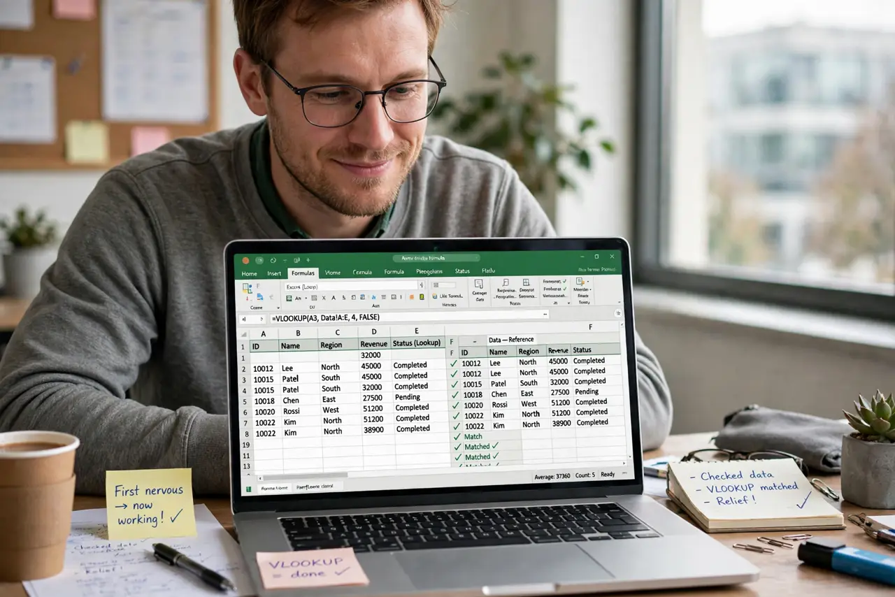 a person using VLOOKUP in a real Excel sheet with a legible formula bar and matched results, the person's face going from nervous to confident, office desk.