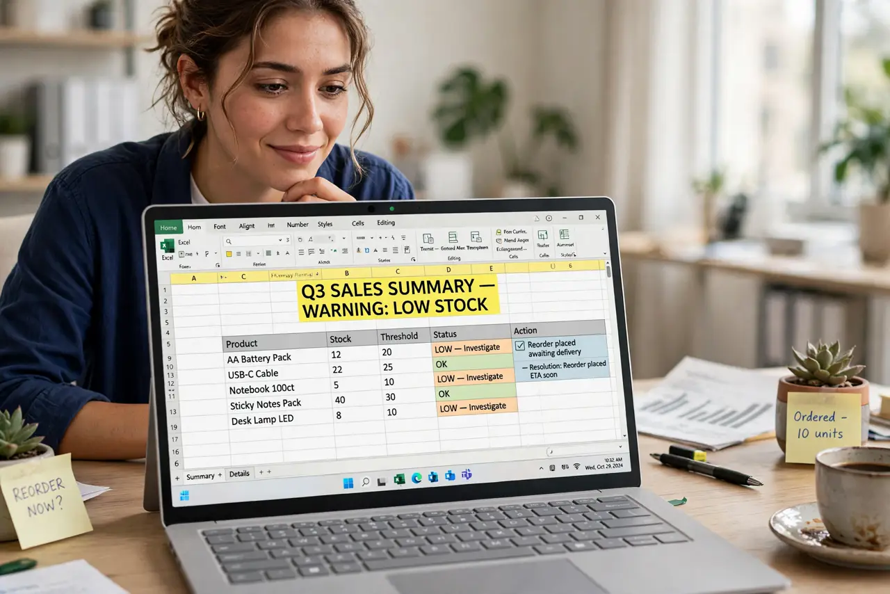 A person looking at a laptop showing an Excel sheet with a merged title cell highlighted, a warning expression turning to understanding, office desk.