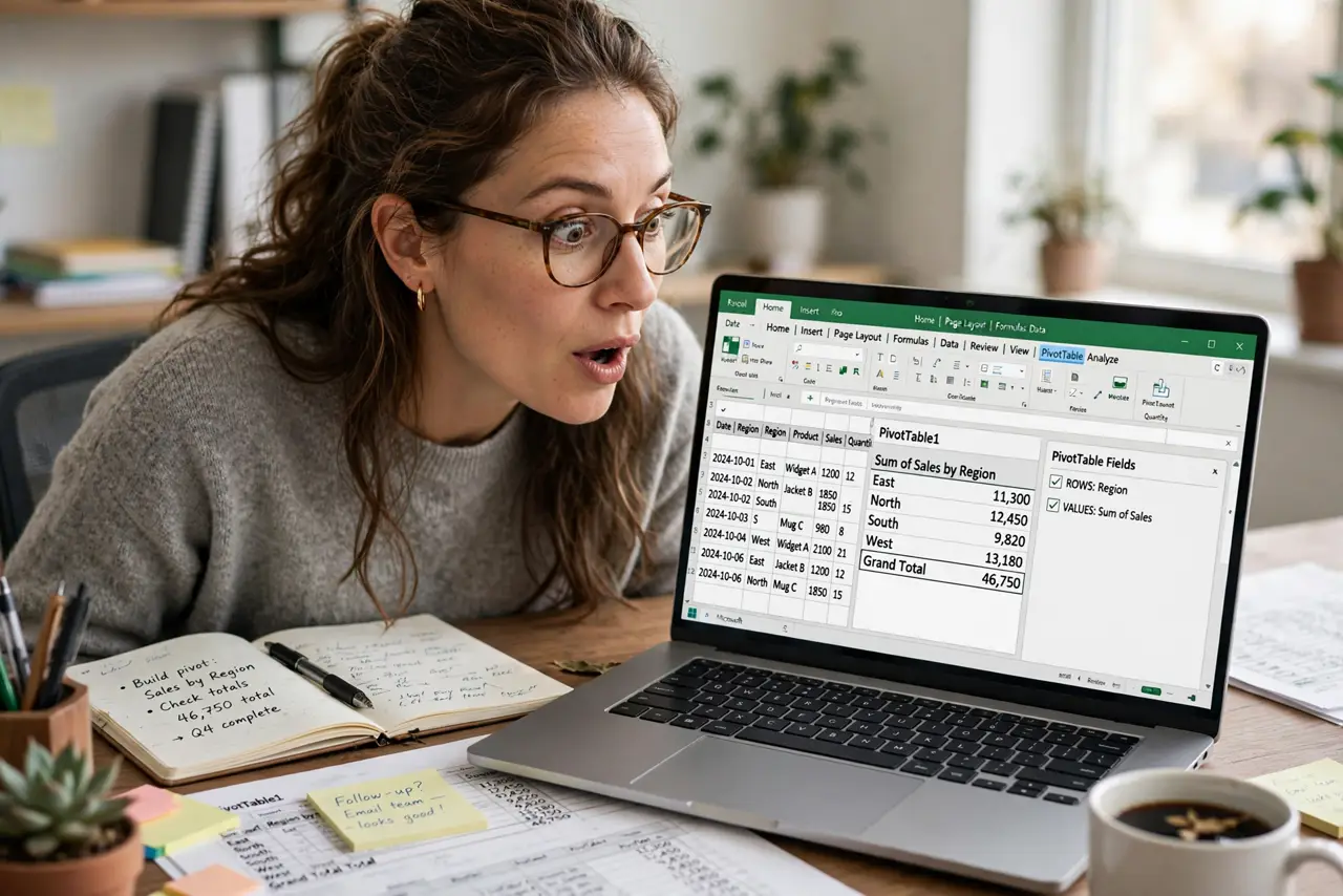 a person building a real Excel pivot table on screen showing legible rows and summarized totals, spreadsheet data beside, the person's face impressed, office desk.