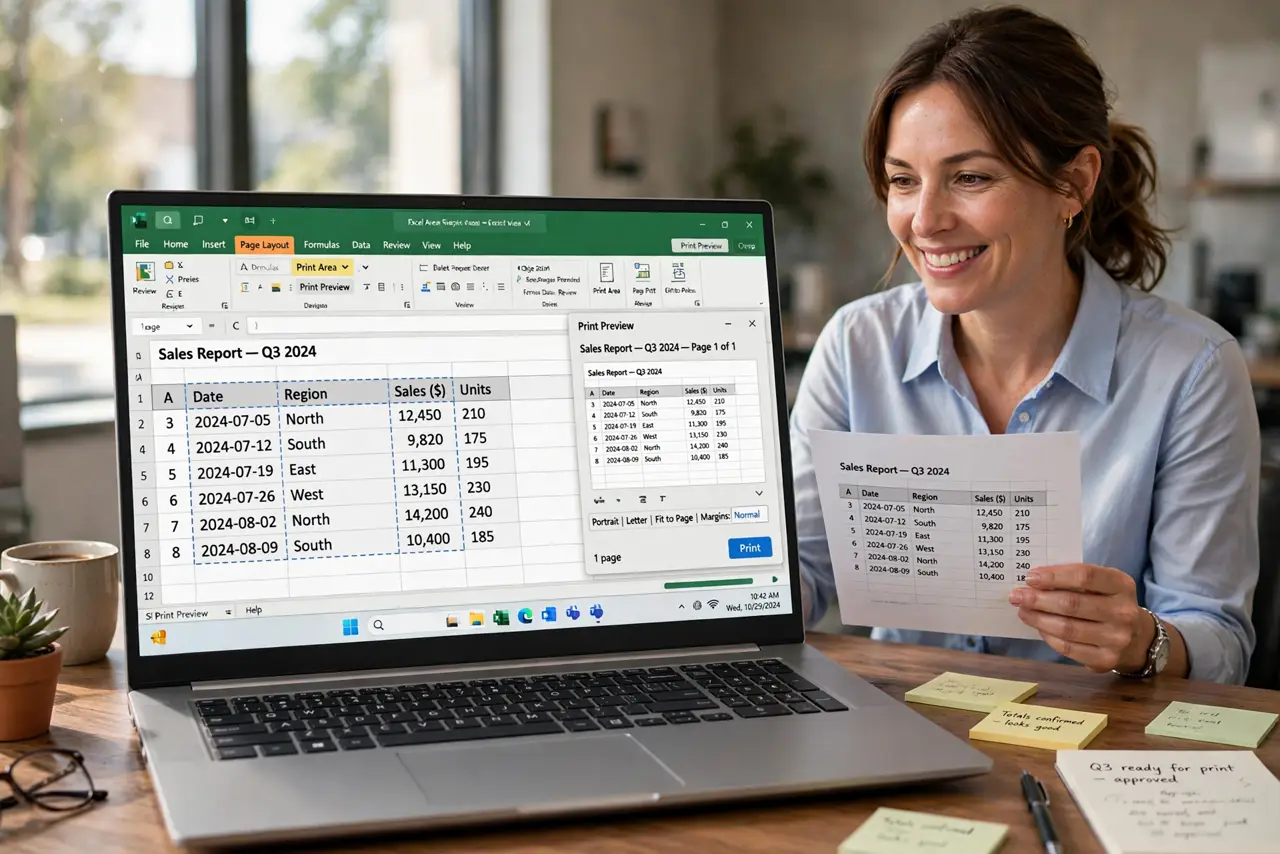 A person looking at a laptop showing an Excel sheet with a print area selection highlighted and Print Preview legible beside it, a printed page in hand, face…