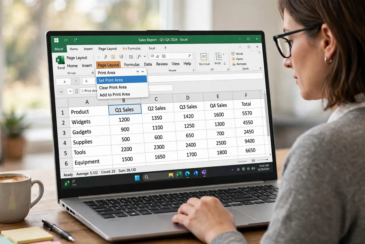 Step 1 in action for Excel Printout Cuts Off Columns: Set the print area. Select the range to print, then set it as the print area.