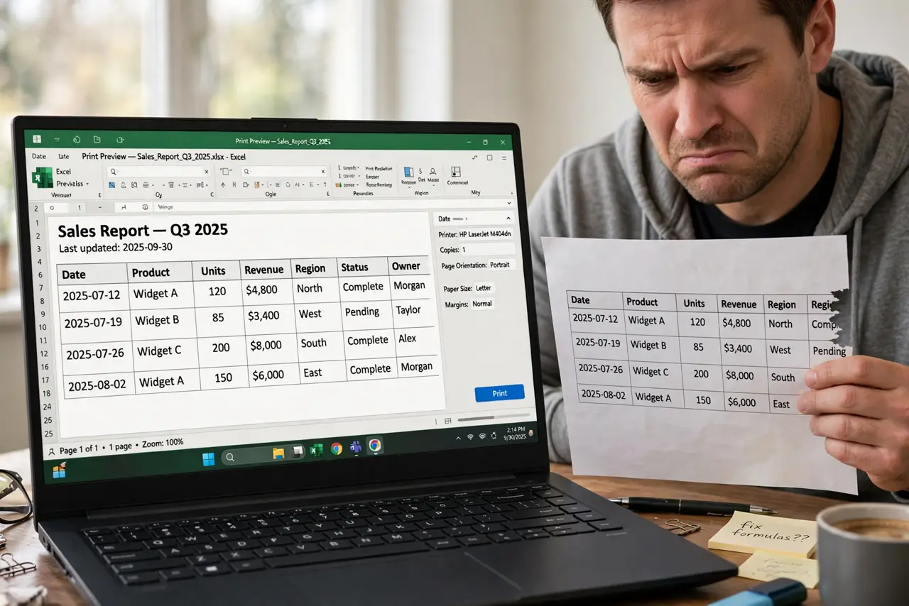 Excel Printout Cuts Off Columns — a frustrated adult holding a printed Excel sheet with cut-off columns next to a real laptop showing print prev
