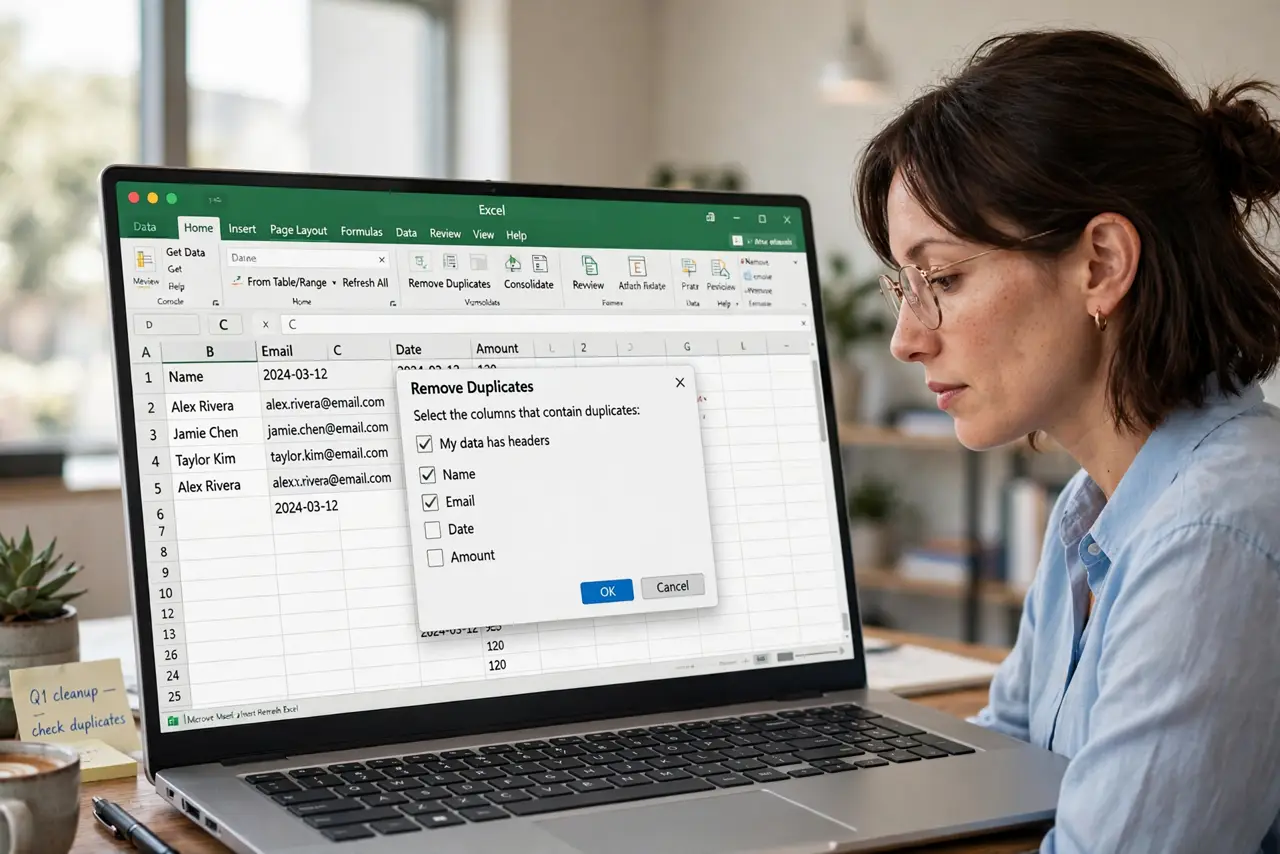 a person reviewing a real Excel dialog showing Remove Duplicates with legible column checkboxes, the person's face focused, bright office. No black screen, no blank white screen, n.