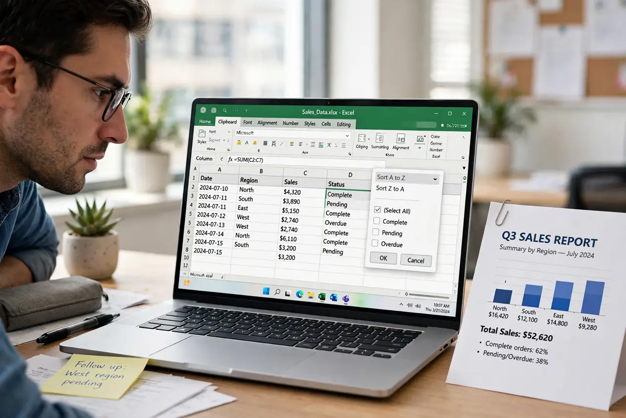 A person looking at a laptop showing an Excel spreadsheet with a filter dropdown menu legible on screen, a printed report beside them, face concentrated,…