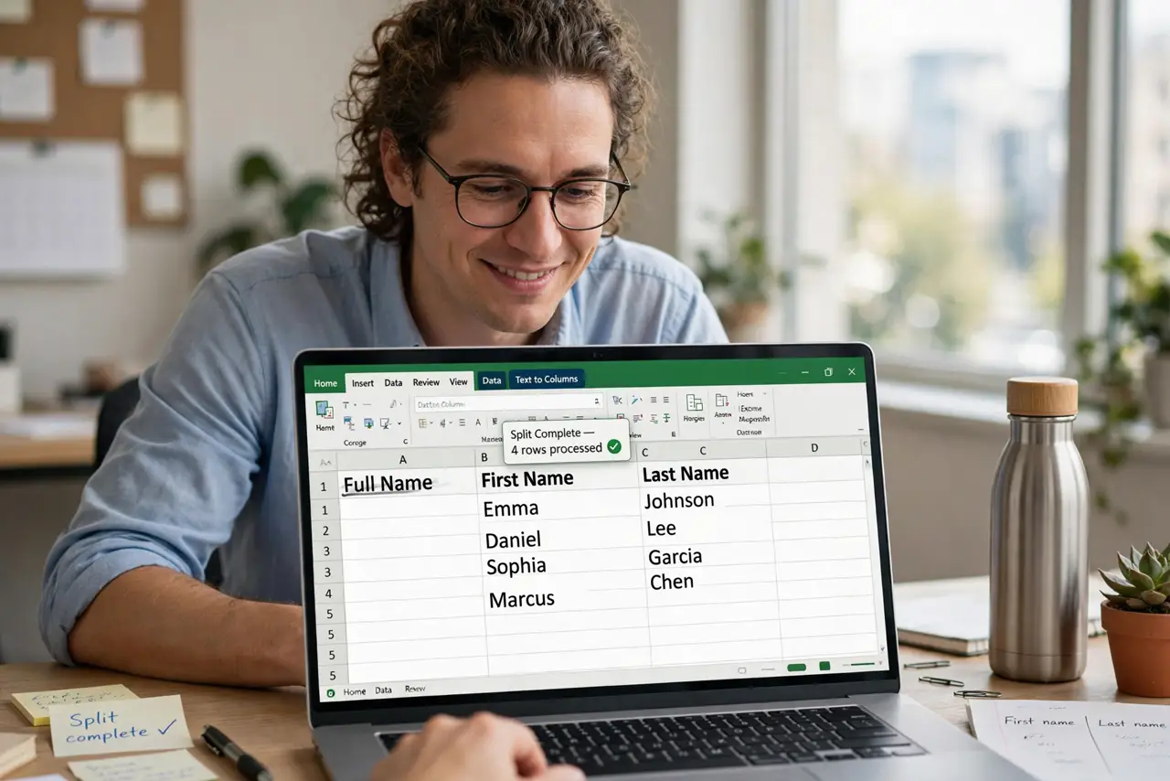 a person splitting a real Excel column of full names into first and last name columns, the split happening cleanly, the person's face relieved, office desk.