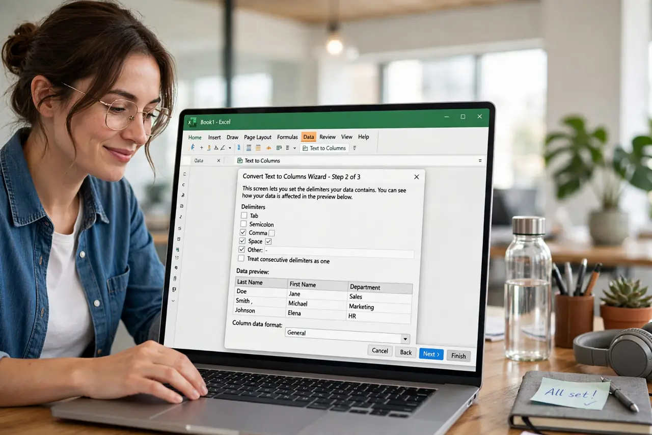 a person using the Text to Columns wizard in real Excel showing legible delimiter options, the person's face relieved, bright office. No black screen, no blank white screen, no fak.