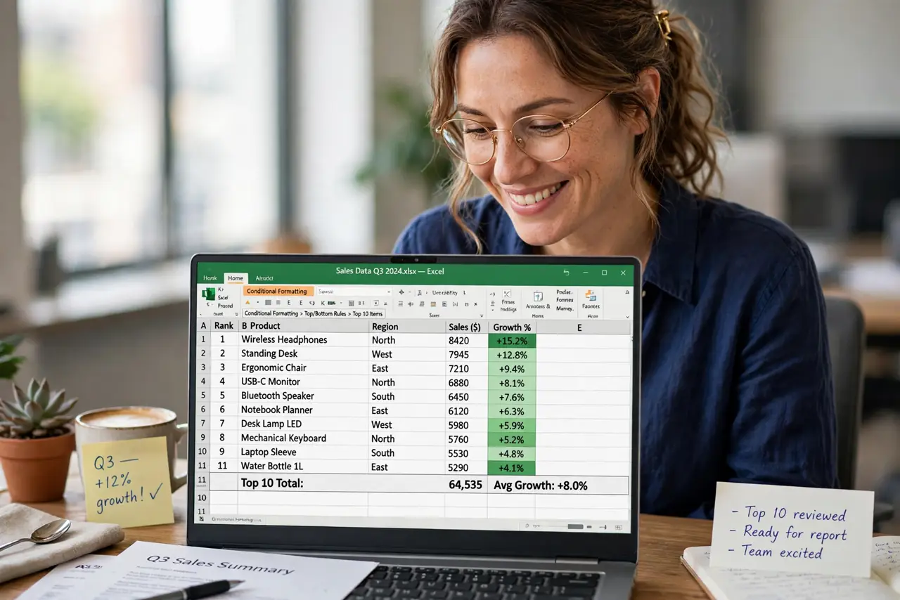 a person viewing an Excel sheet with top 10 values automatically highlighted in green, the person's face satisfied, sales data legible, office desk.