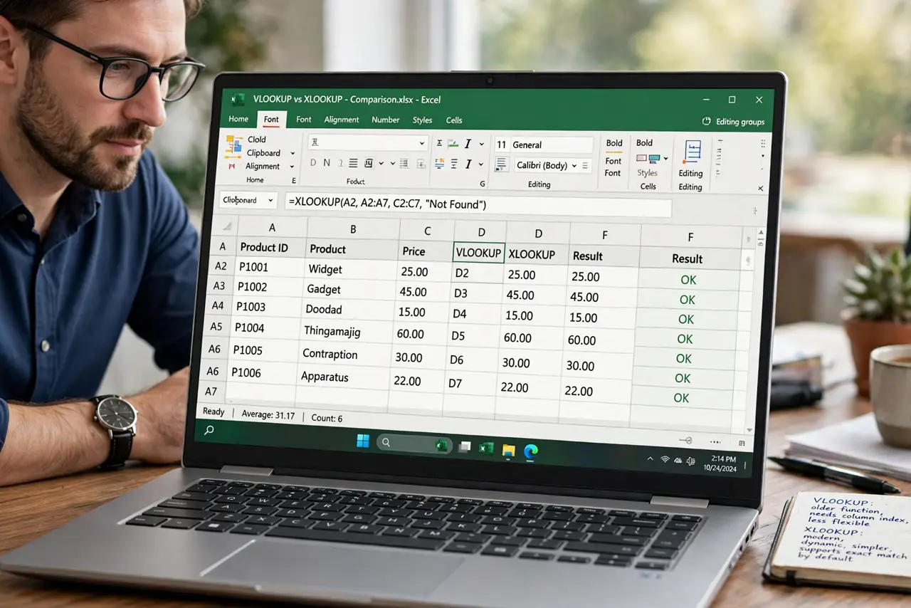 VLOOKUP vs XLOOKUP — a calm analyst comparing VLOOKUP and XLOOKUP formulas in Excel on a real laptop, the formula bar with fully le