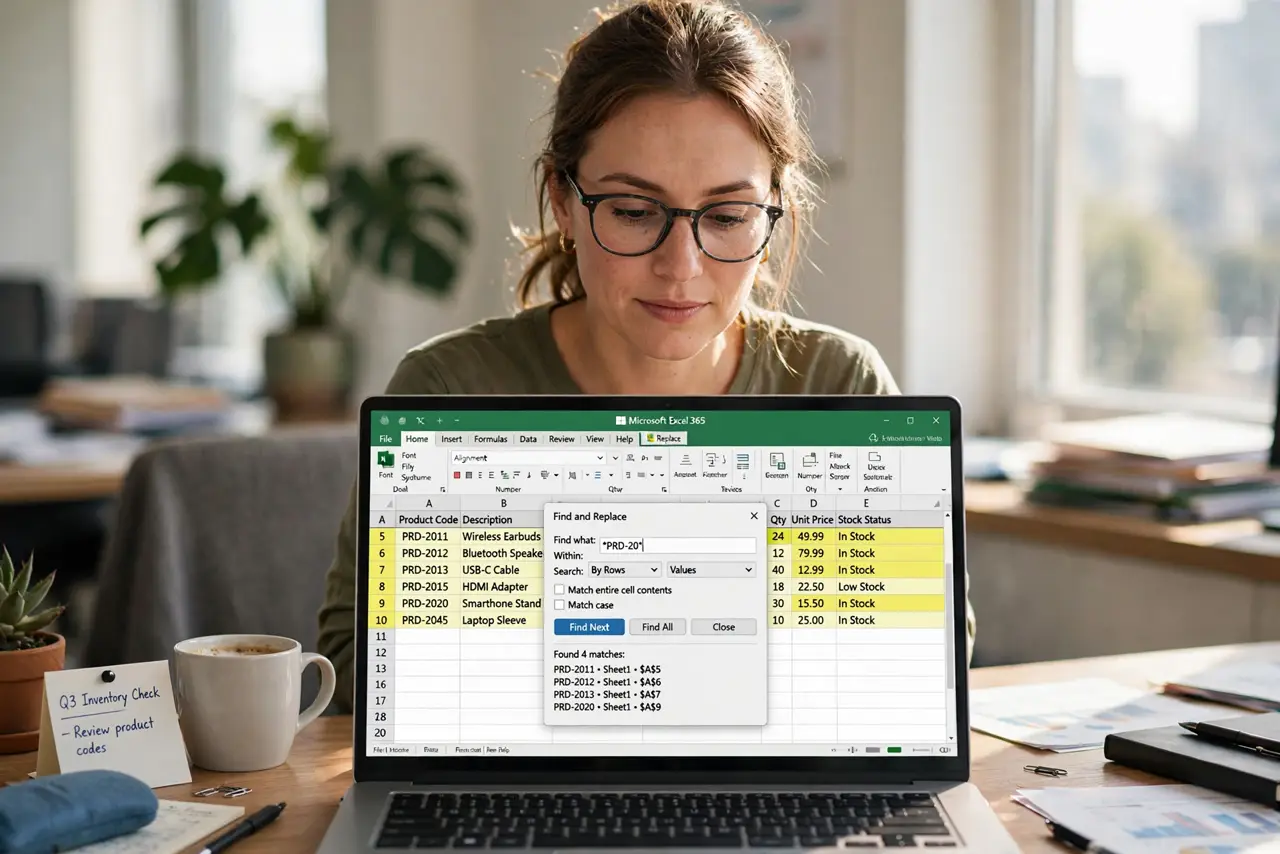 a person using Excel Find with a wildcard pattern legible in the search box, matching product codes highlighted, the person's face enlightened, office desk.