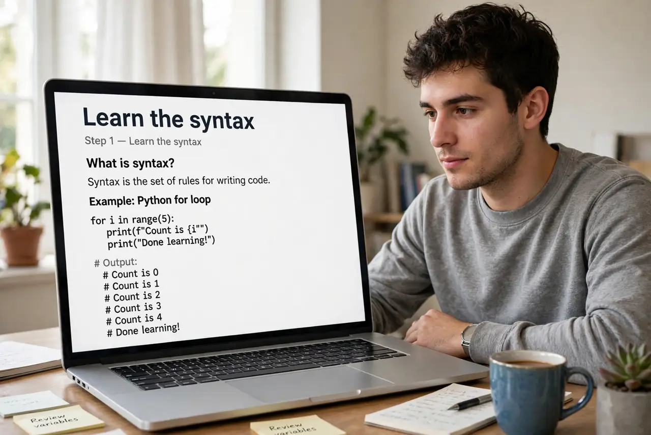 A person calmly performing the guide's first step: Learn the syntax.