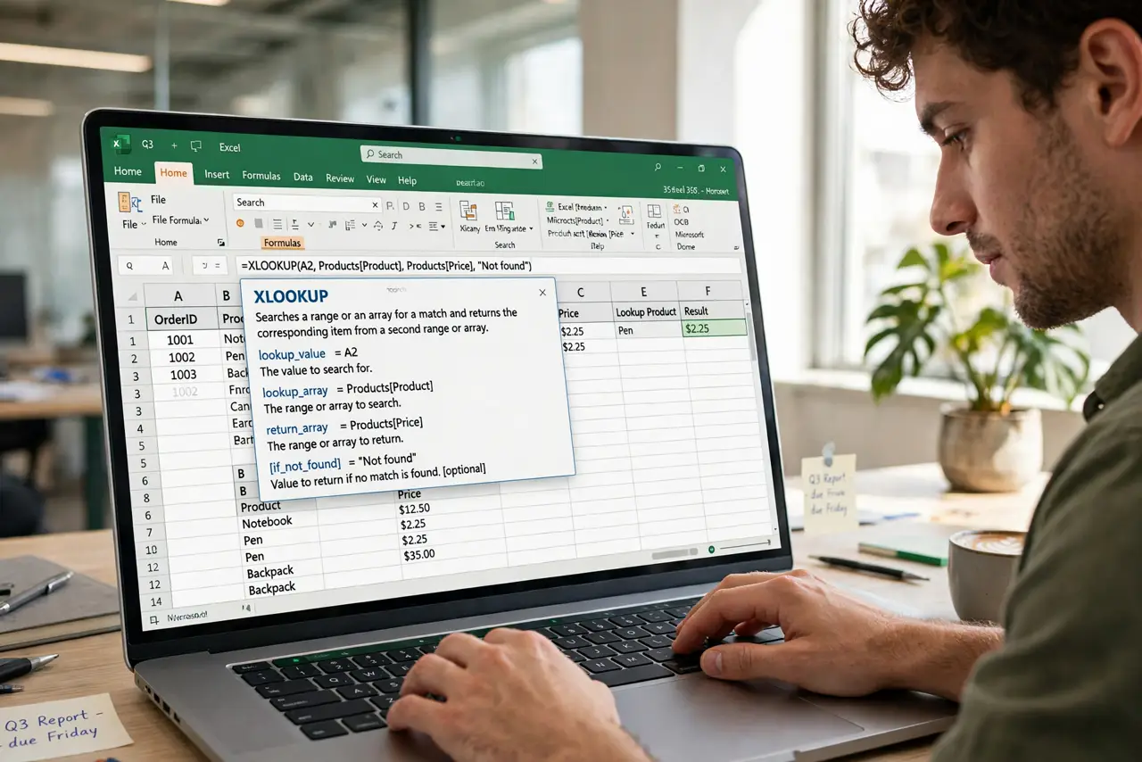 a person typing an XLOOKUP formula in real Excel with the function helper legible, the person's face enlightened, bright office. No black screen, no blank white screen, no fake or .