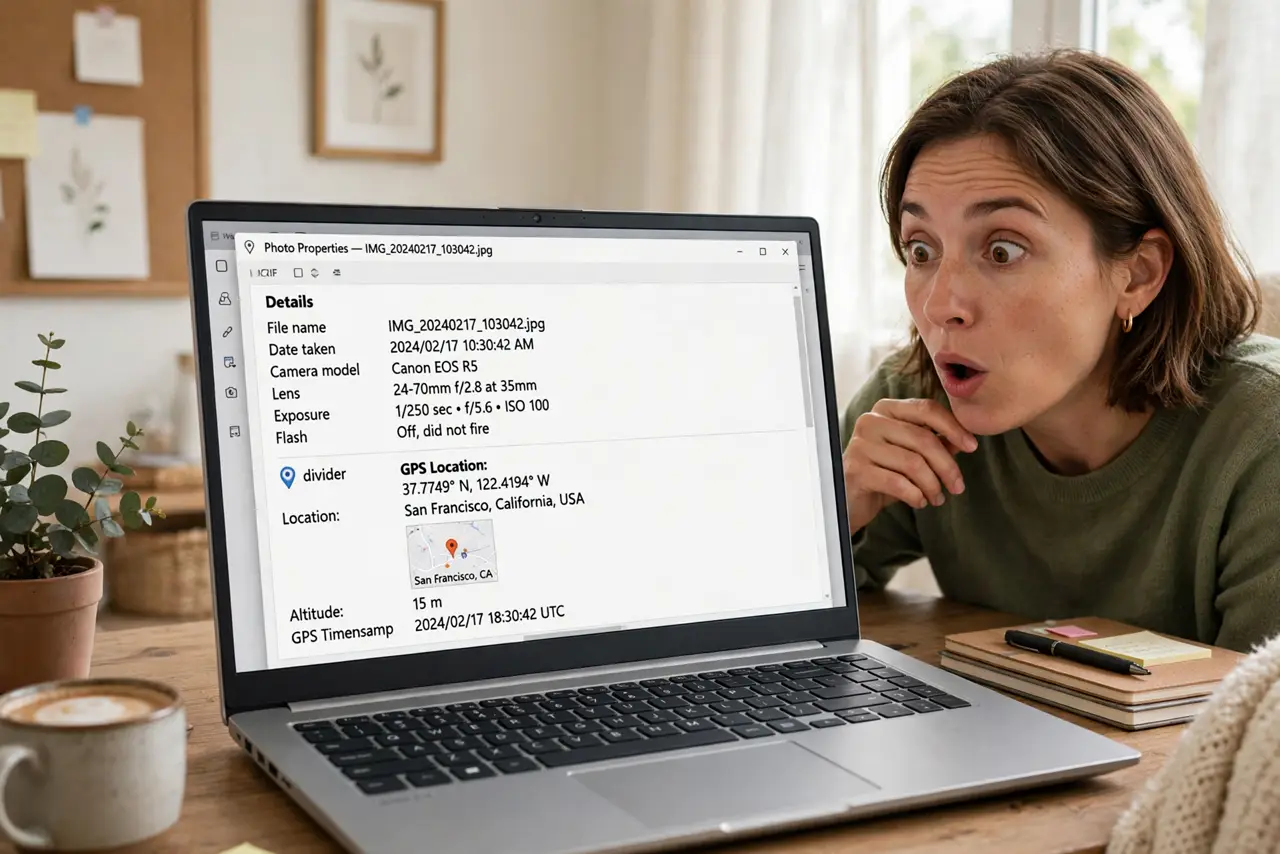 A person inspecting photo metadata on a real laptop screen with legible EXIF fields including a map pin, the person's face surprised, home office. No.