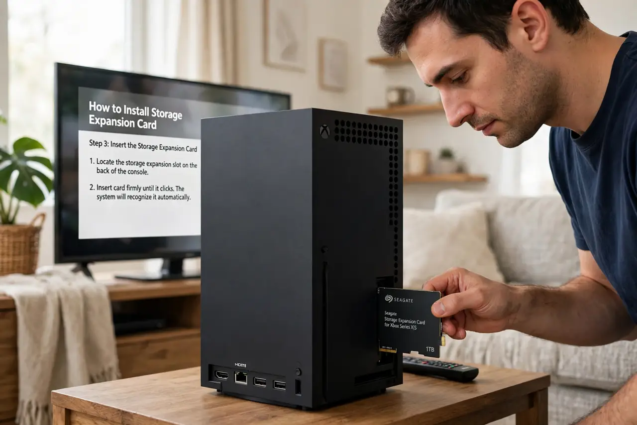 a person inserting a real storage expansion card into the back of a real Xbox Series X console on a TV stand, the person's face focused, living room.