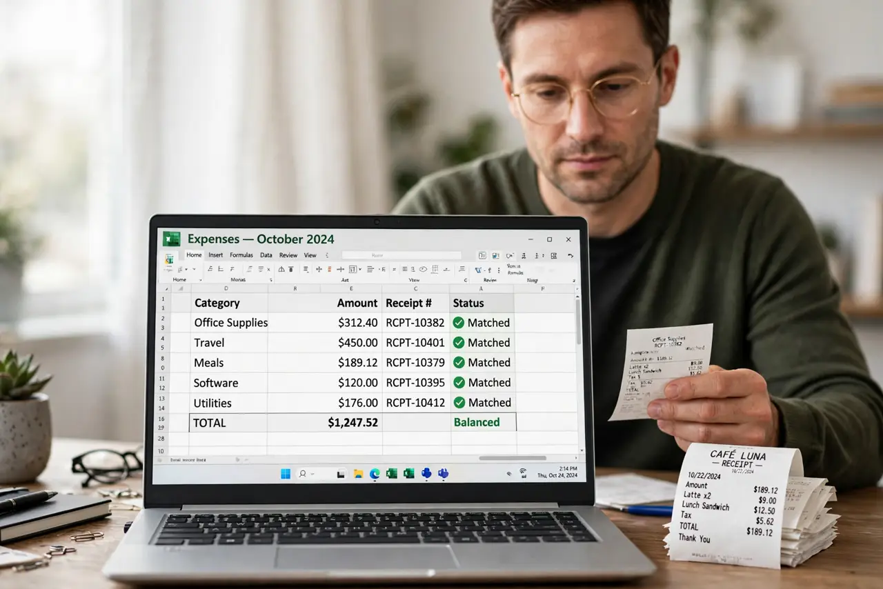 a calm adult at a desk with a real Windows laptop and a small stack of paper receipts beside it, an expense spreadsheet open with legible category totals, the person comparing a receipt to the screen