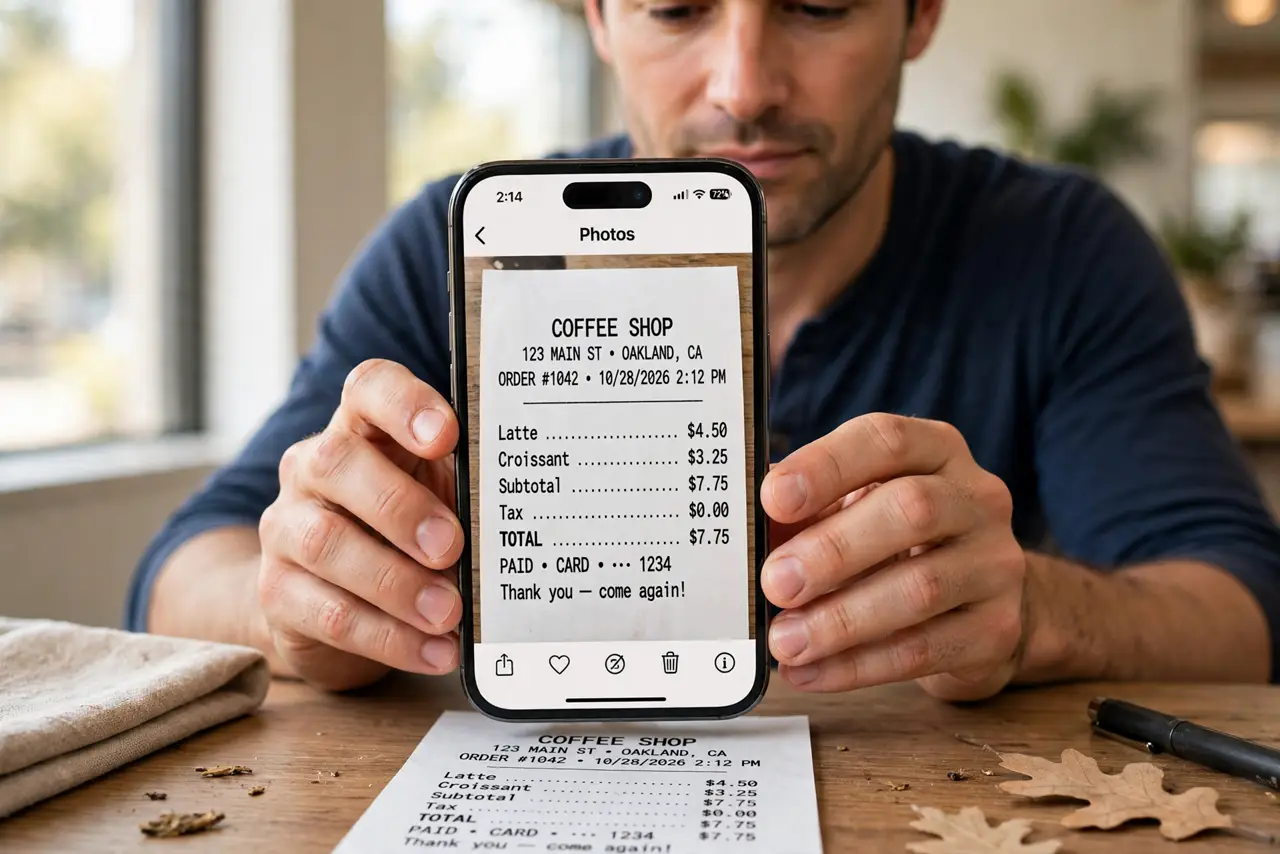 a calm adult holding a real phone over a paper receipt on a desk, the phone screen showing the receipt photo clearly and legibly. No black screen, no blank whit