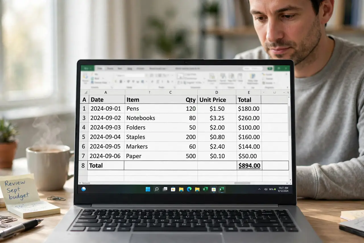 a calm adult at a desk with a real Windows laptop showing a spreadsheet on the real screen with expense rows and a total visible. No black screen, no blank whit