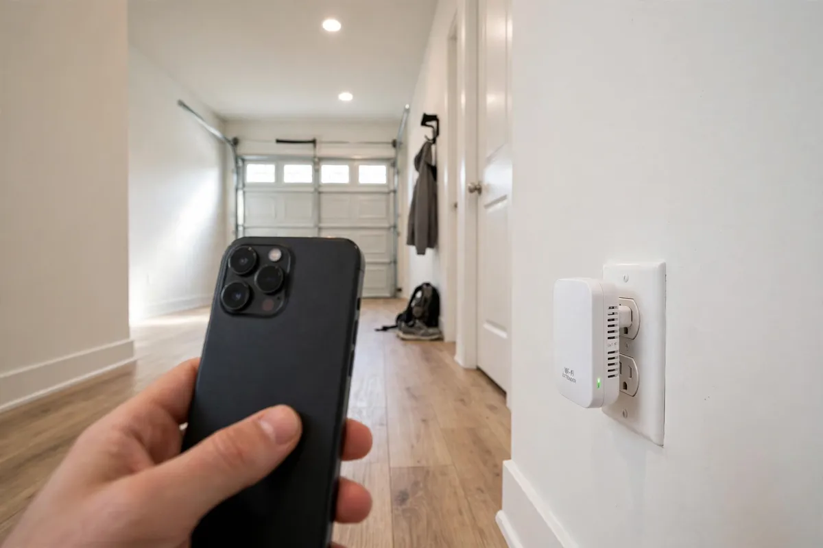 A white Wi-Fi extender plugged into a wall outlet near a garage door, while a hand holds a phone with its back to the camera.