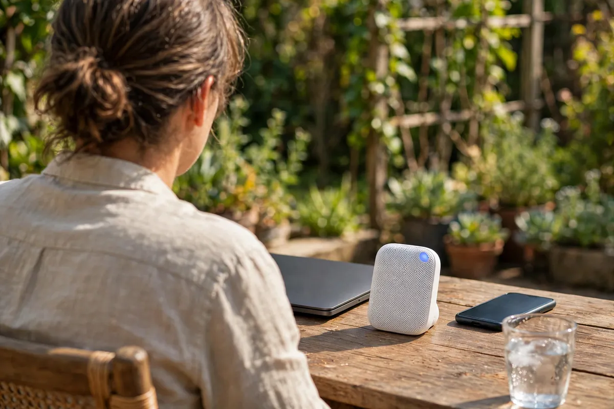 A person seen from behind in a sunny garden, with a closed laptop, a white Wi-Fi mesh extender and a phone face down on a wooden table.