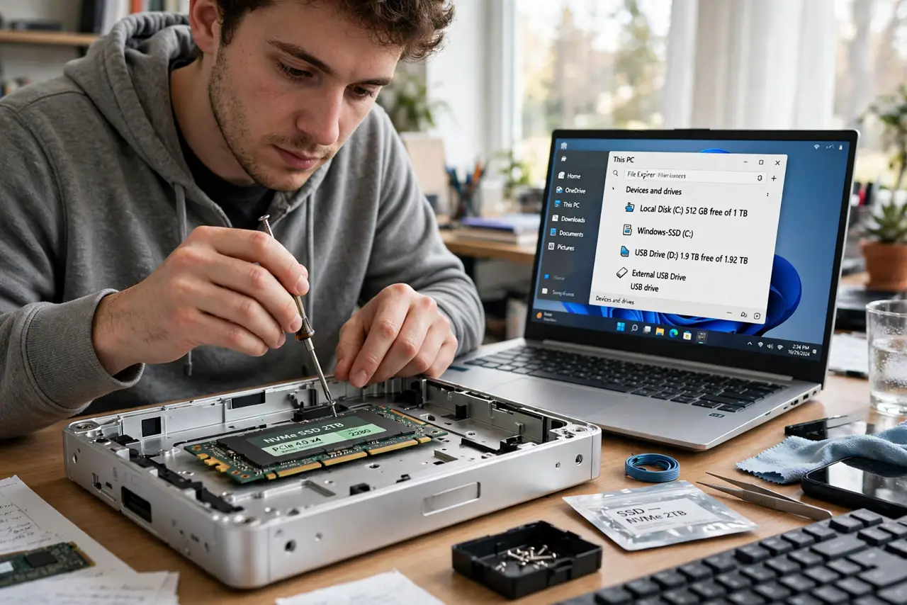 a person assembling a real bare SSD into a real external drive enclosure on a desk, a small screwdriver in hand, a laptop nearby, the person's face focused, workspace. No black scr.