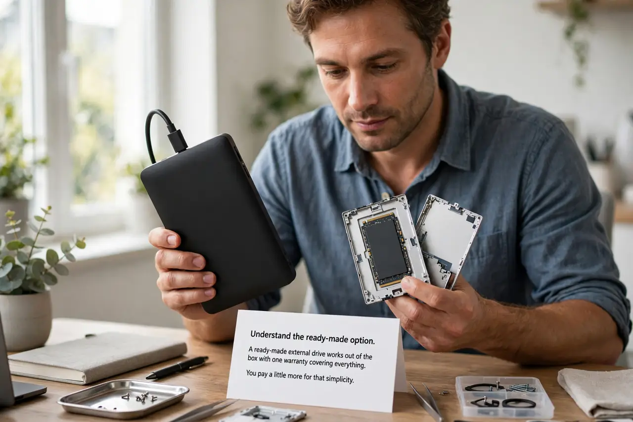 A person performing step 1 of the guide: Understand the ready-made option. A ready-made external drive works out of the box with one warranty covering everything. You pay a...