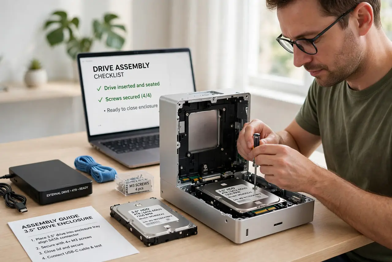 a calm adult at a desk assembling a real drive enclosure with a bare drive beside it, a finished external drive nearby for comparison, the workspace tidy and well lit