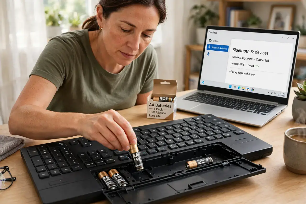Step 1 in action for Bluetooth Keyboard Lags: Replace the batteries.