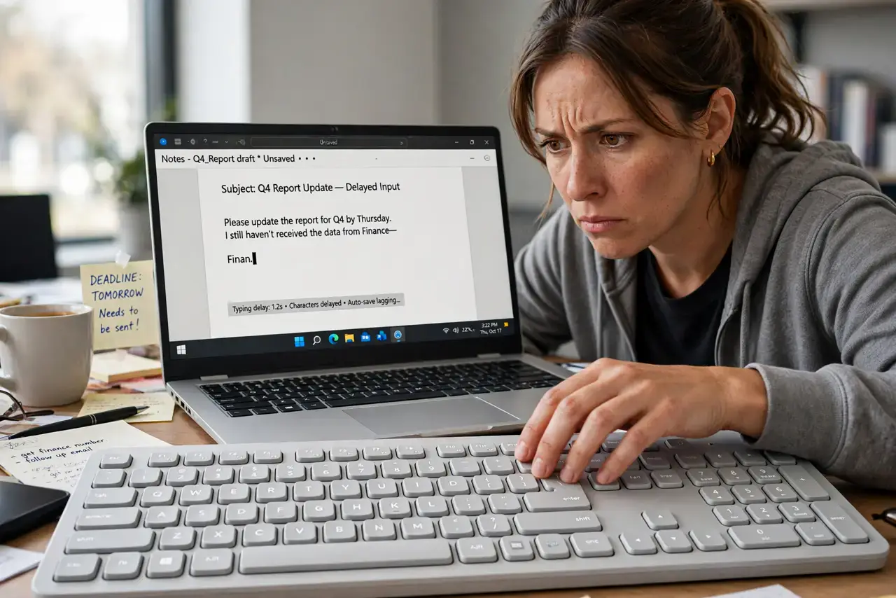Bluetooth Keyboard Lags — a frustrated adult at a desk typing on a real wireless keyboard in front of a laptop, the laptop screen showin