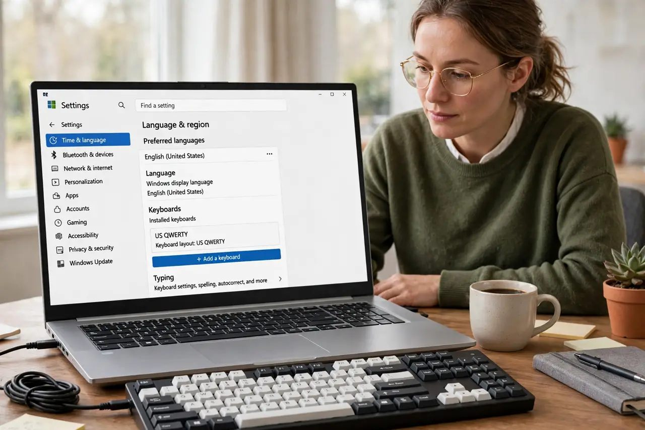 An adult checking keyboard layout options in Windows Language settings.