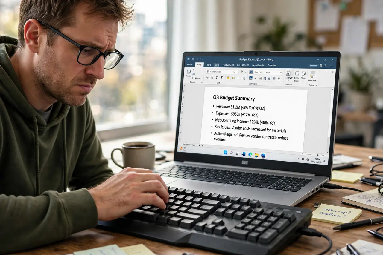 A frustrated adult typing on an external keyboard while a Windows laptop shows the wrong characters.