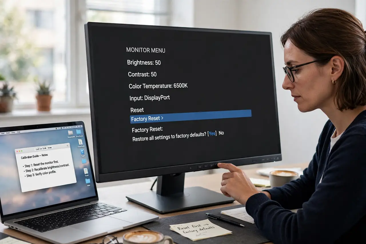 A person performing step 1 of the guide: Reset the monitor first. Open the monitor's on-screen menu and choose factory reset. Starting from defaults removes years of random...
