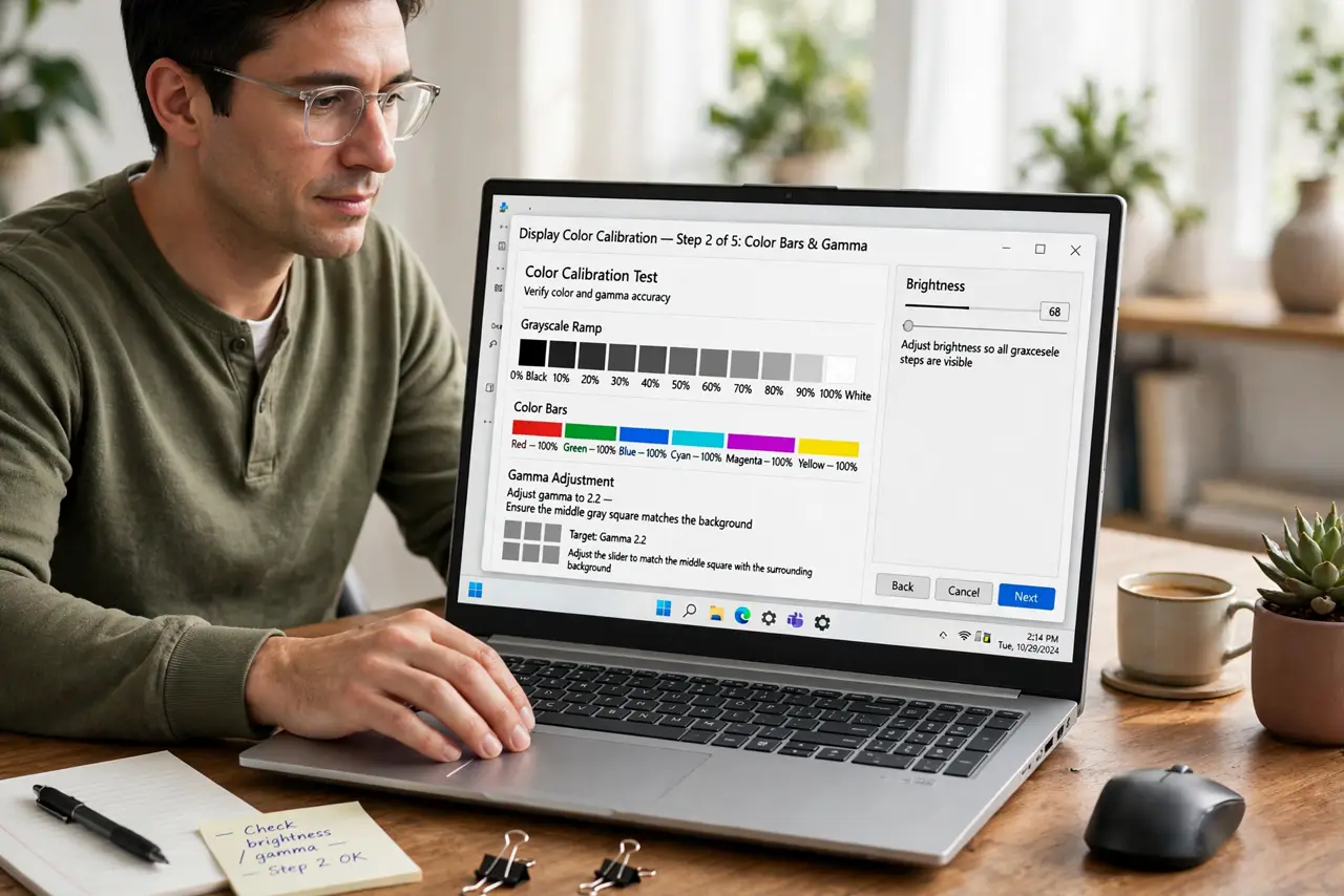 a calm adult at a desk looking at a real monitor showing a normal color calibration test screen with legible text and color bars, the person adjusting settings calmly